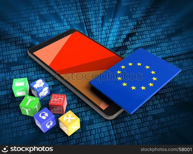 3d illustration of mobile phone over digital background with cubes and EU flag. 3d cubes