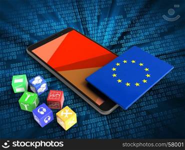3d illustration of mobile phone over digital background with cubes and EU flag. 3d cubes