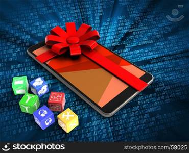 3d illustration of mobile phone over digital background with cubes and gift ribbon. 3d mobile phone