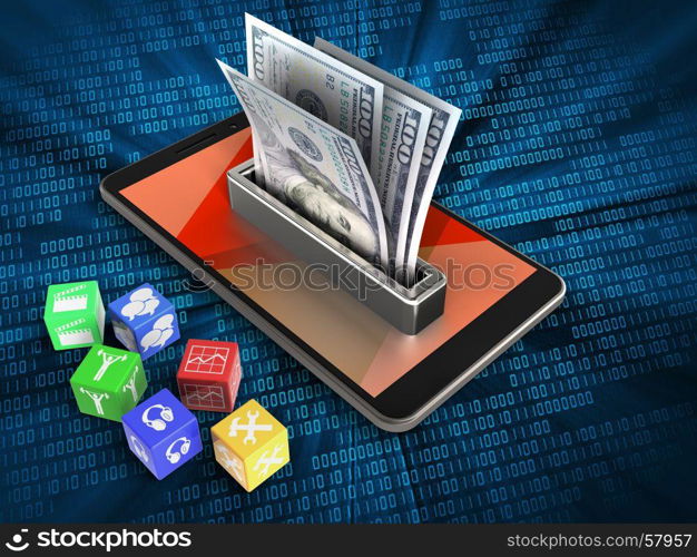 3d illustration of mobile phone over digital background with cubes and money. 3d cubes