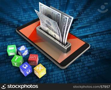 3d illustration of mobile phone over digital background with cubes and money. 3d cubes