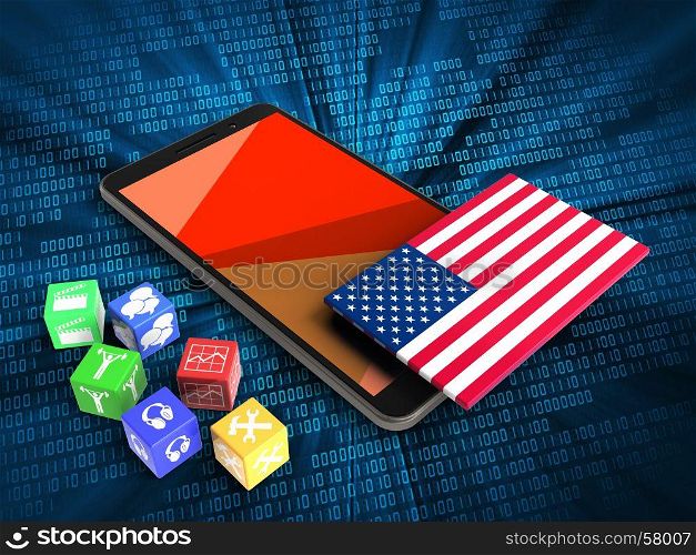 3d illustration of mobile phone over digital background with cubes and USA flag. 3d red