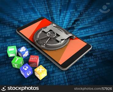 3d illustration of mobile phone over digital background with cubes and vault door. 3d cubes