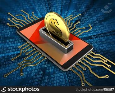 3d illustration of mobile phone over digital background with electronic circuit and coin. 3d electronic circuit