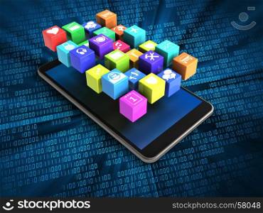 3d illustration of mobile phone over digital background with icons. 3d mobile phone