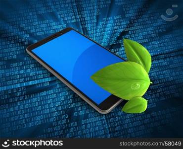 3d illustration of mobile phone over digital background with leaf. 3d blank