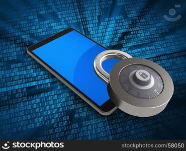 3d illustration of mobile phone over digital background with lock. 3d mobile phone