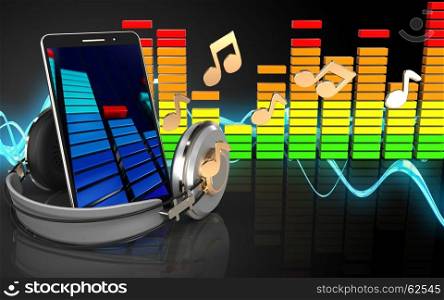 3d illustration of mobile phone over sound wave black background with notes. 3d audio spectrum mobile phone