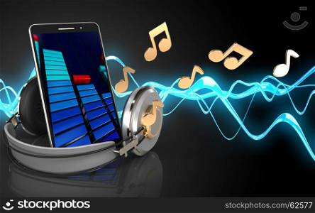 3d illustration of mobile phone over sound wave black background with notes. 3d blank mobile phone