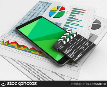 3d illustration of mobile phone over white background with business papers and cinema clap. 3d business papers