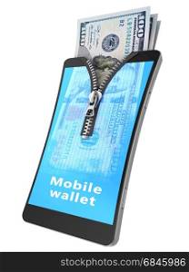 3d illustration of mobile phone used as wallet concept. mobile wallet