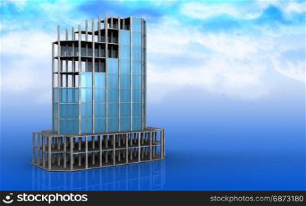 3d illustration of modern building frame over sky background. 3d blank