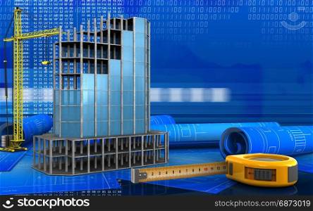 3d illustration of modern building frame with crane over digital background. 3d of ruler