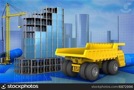 3d illustration of modern building frame with crane over skyscrappers background. 3d of heavy truck