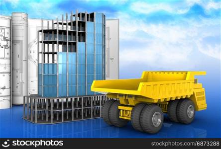 3d illustration of modern building frame with drawings over sky background. 3d of heavy truck