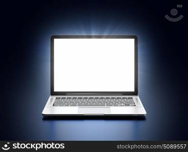 3D illustration of modern laptop with glowing screen on dark blue background