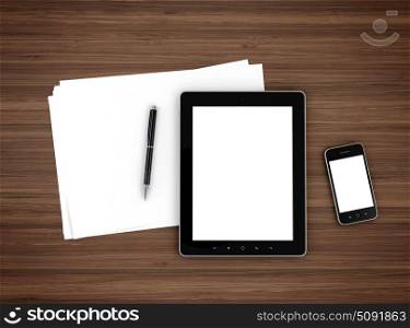 3d illustration of modern mobile devices, sheet of paper and pen on wooden table