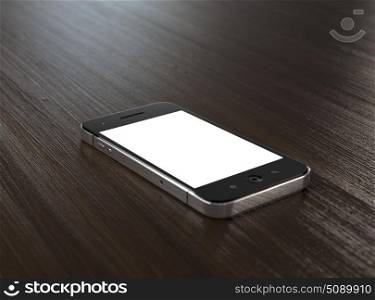 3D illustration of modern mobile phone with blank screen on wooden table.