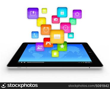3D illustration of modern tablet computer with flying icons on top of it