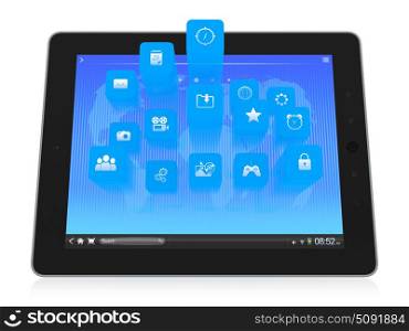 3D illustration of modern tablet computer with icons popping up from the screen