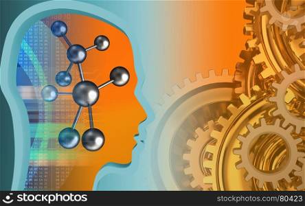 3d illustration of molecule over orange background with gears system. 3d gears system