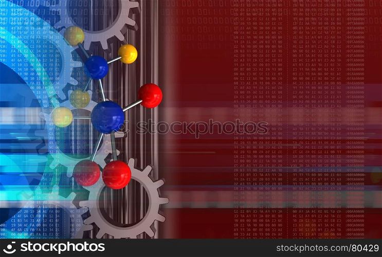3d illustration of molecule over red background with gears. 3d molecule