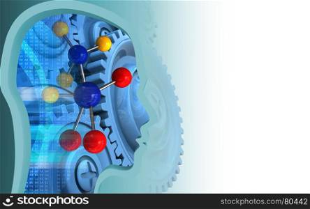 3d illustration of molecule over white background with blue gears. 3d molecule