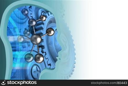 3d illustration of molecule over white background with blue gears. 3d molecule