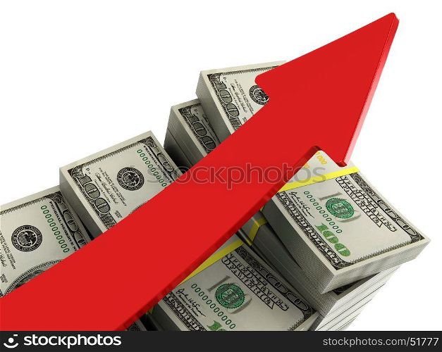 3d illustration of money rising charts with red arrow