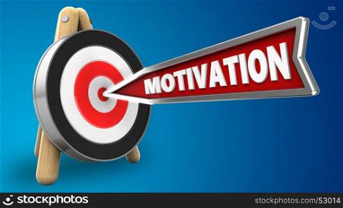 3d illustration of motivation arrow with archery target stand over blue background