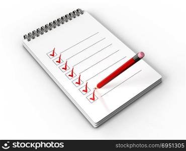 3d illustration of notepad check list with pencil over white background