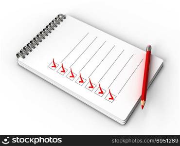 3d illustration of notepad with check list, all tasks is done