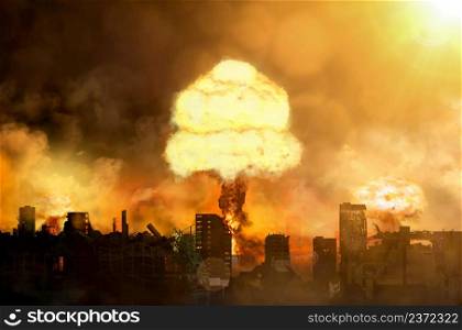 3d illustration of nuclear catastrophe, city and atomic bomb