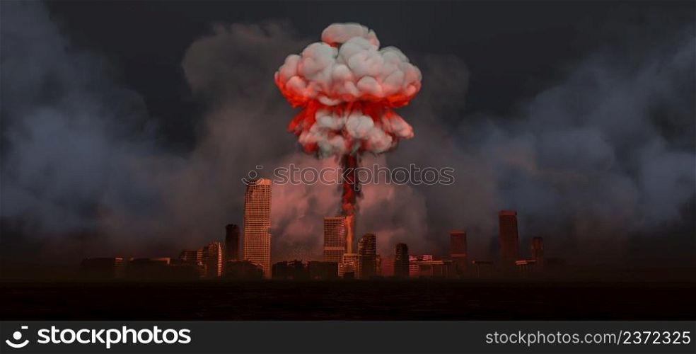 3d illustration of nuclear catastrophe, city and atomic bomb