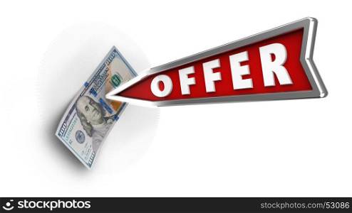 3d illustration of offer arrow with 100 dollars over white background