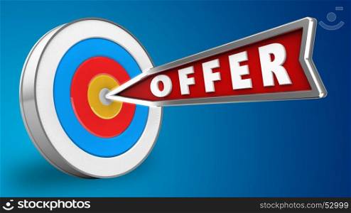 3d illustration of offer arrow with archery target over blue background