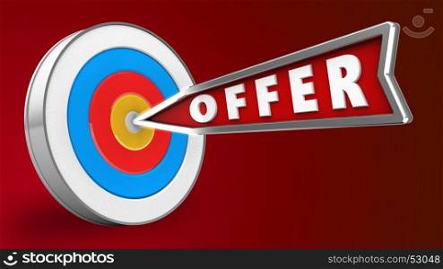 3d illustration of offer arrow with archery target over red background
