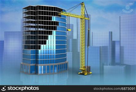 3d illustration of office building construction over skyscrappers background. 3d blank