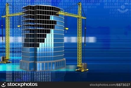 3d illustration of office building construction with crane over digital background. 3d with crane