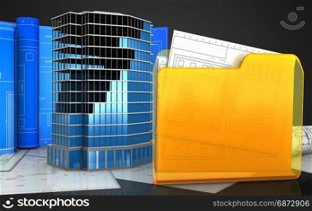 3d illustration of office building construction with drawing roll over black background. 3d of office building construction