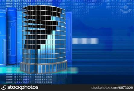 3d illustration of office building construction with drawing roll over digital background. 3d blank