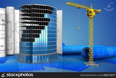 3d illustration of office building construction with drawings over blue background. 3d