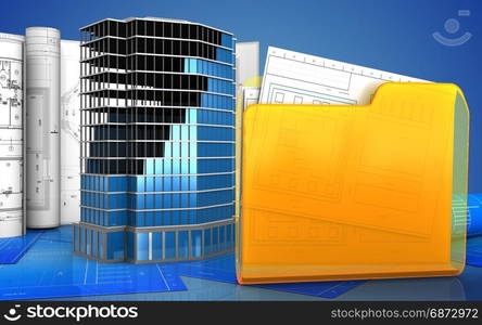 3d illustration of office building construction with drawings over blue background. 3d