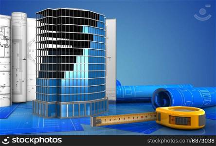 3d illustration of office building construction with drawings over blue background. 3d