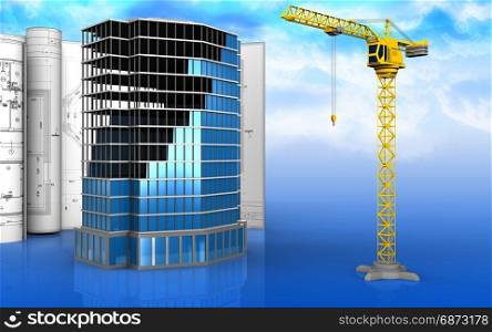 3d illustration of office building construction with drawings over sky background. 3d with drawings