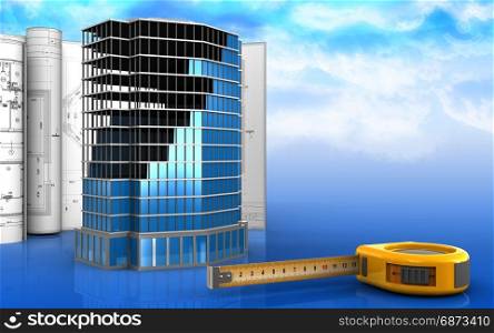 3d illustration of office building construction with drawings over sky background. 3d with drawings