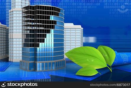 3d illustration of office building construction with urban scene over digital background. 3d of office building construction