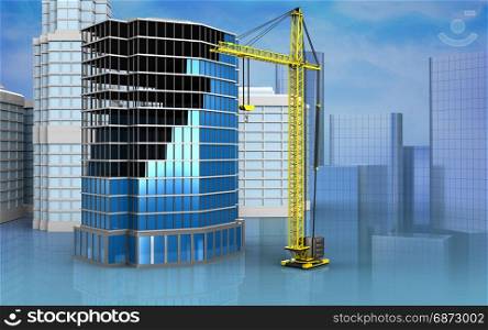 3d illustration of office building construction with urban scene over skyscrappers background. 3d with urban scene