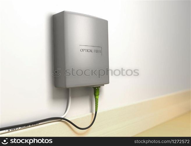 3d Illustration of office interior with close up on an optical fiber termination box mounted on a wall. FTTH, Fiber to the home.. FTTX serie. Fiber to the home, FTTH