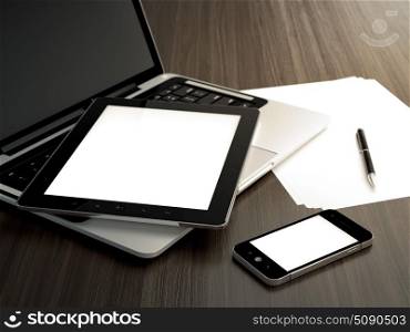 3D illustration of office table with electronic devices and blank sheet of paper